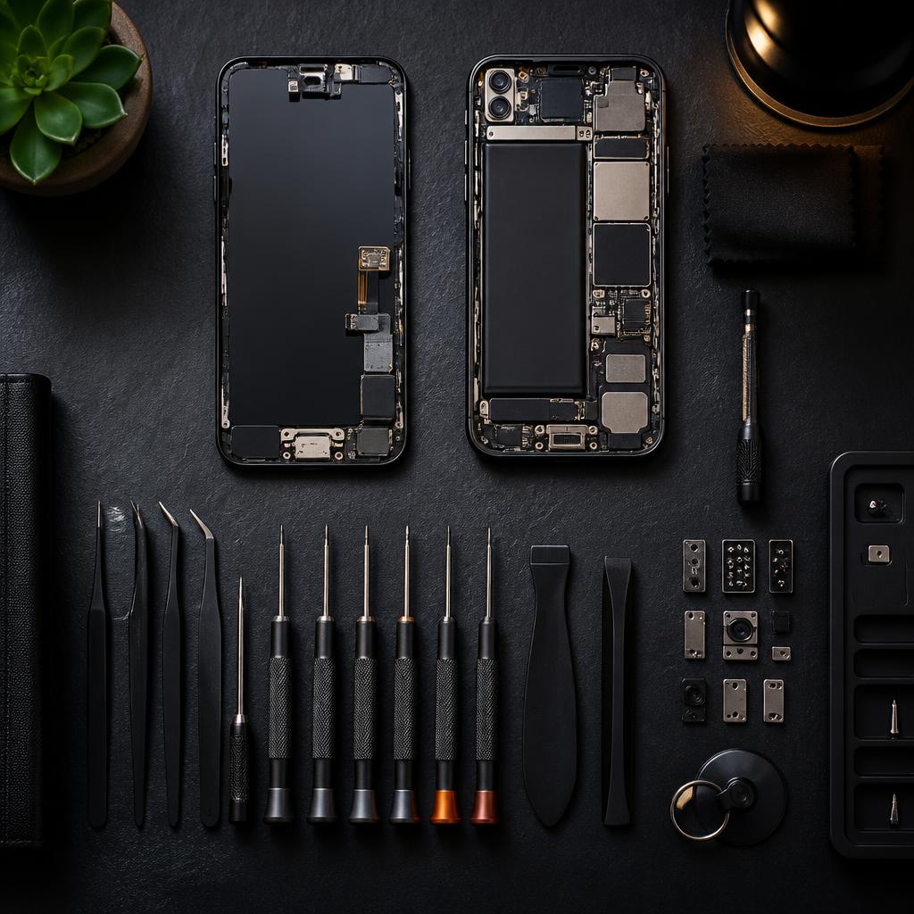 A clean phone repair workbench with a disassembled device and neat precision tools